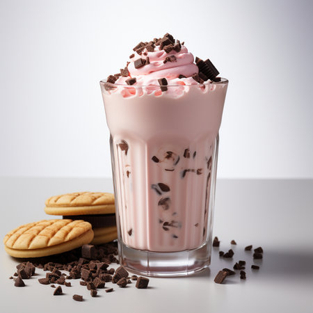 Glass of strawberry milkshake with chocolate chips and cookies on gray backgroundの素材
