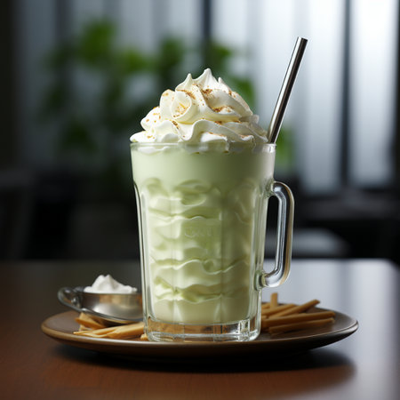 Iced green tea latte with whipped cream and whipped cream.の素材