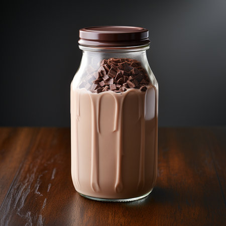 Chocolate milk in a glass jar on a wooden table with dark backgroundの素材
