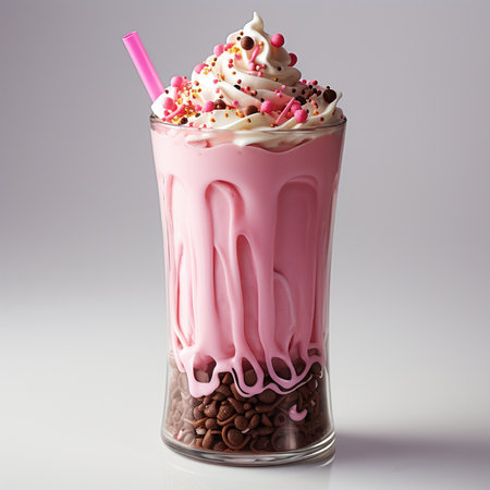 Pink milkshake with whipped cream and coffee beans on a gray backgroundの素材