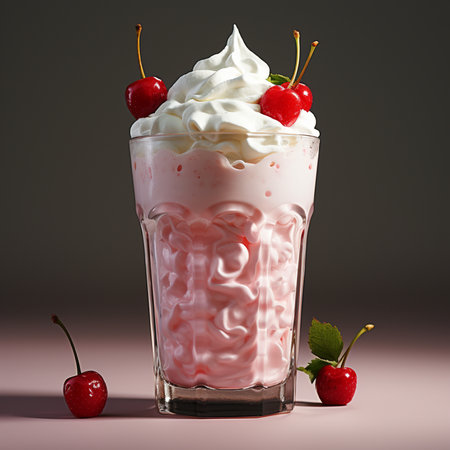 Cherry milkshake in glass with whipped cream and fresh cherriesの素材