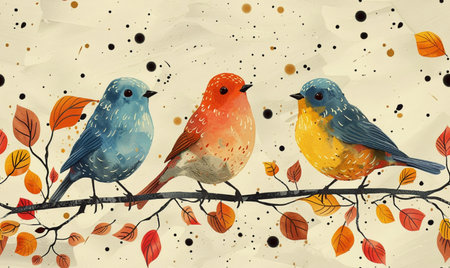 Three colorful birds sit together on a branch with autumn leaves.の素材