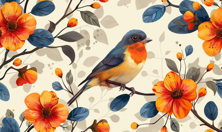 Seamless pattern with a bird and flowers. Vector illustration.の素材
