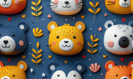 Cute cartoon animal faces smiling on a blue background with leaves.の素材