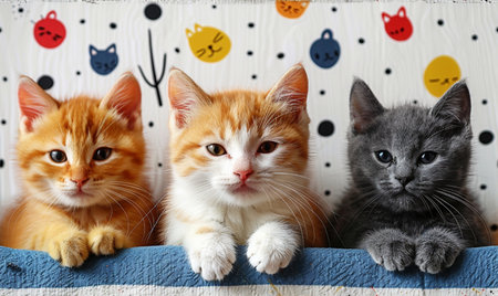 Three young cats are looking forward with their paws resting.の素材