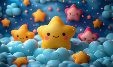 Cute stars rest on fluffy clouds under a starry night sky.の素材