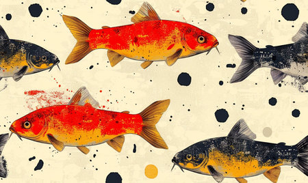 Colorful koi fish swim through water with scattered ink drops.の素材