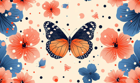 A beautiful orange butterfly rests among colorful flowers and dots on a light background.の素材