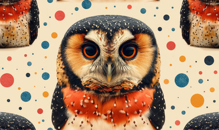 A detailed owl looks forward with big eyes, surrounded by colorful dots and other owls.の素材