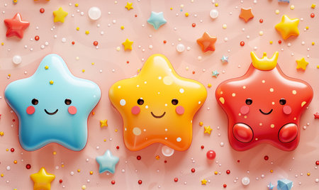 Three smiling star characters are arranged together on a pink background.の素材
