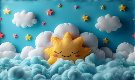 Cute kawaii sun with clouds and stars on blue backgroundの素材