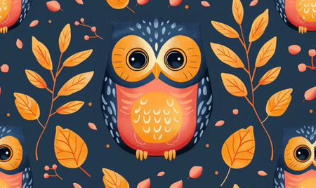 Seamless pattern with cute cartoon owl and autumn leaves. Vector illustration.の素材