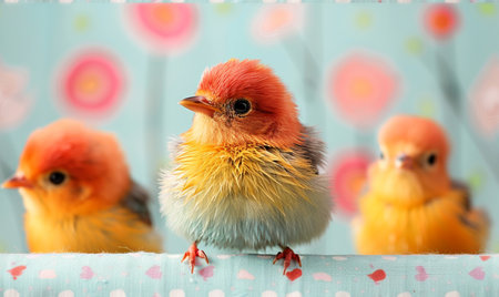 Cute little chickens on color background, closeup. Easter holidayの素材