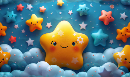 3d render of cute yellow star on blue background with clouds and starsの素材