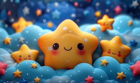 3d illustration of cute cartoon star in the sky surrounded by starsの素材