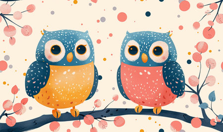 Two cute owls on a branch with berries. Vector illustration.の素材