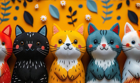 Several stuffed cats sit in a line with happy faces.の素材