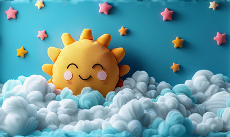 Cute sun with clouds and stars on blue background, 3d renderingの素材