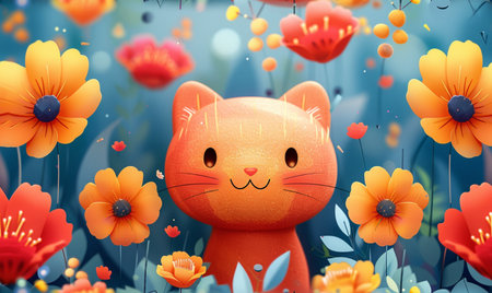 An orange cat sits among bright red and yellow flowers.の素材