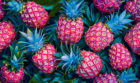 Pineapples in the market. Tropical fruits background. Top view.の素材