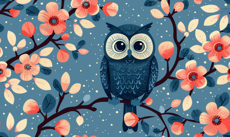 Seamless pattern with cute cartoon owl on blooming branch. Vector illustration.の素材