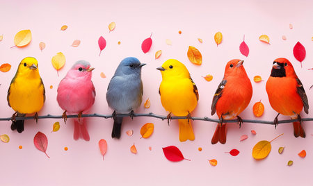 Group of colorful birds on a branch with autumn leaves on pink backgroundの素材