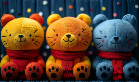 Teddy bears on blue wooden background, close up. Concept of friendship.の素材