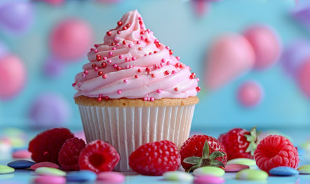 Cupcake with pink cream and fresh raspberries on blue backgroundの素材