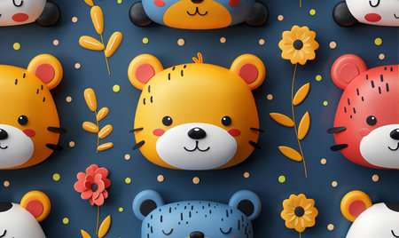 Cute cartoon bear and tiger with flowers on blue background. Vector illustration.の素材