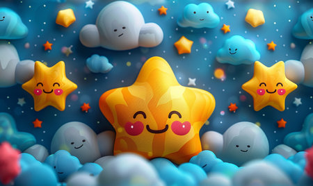 3d illustration of cute star in the sky with clouds and starsの素材