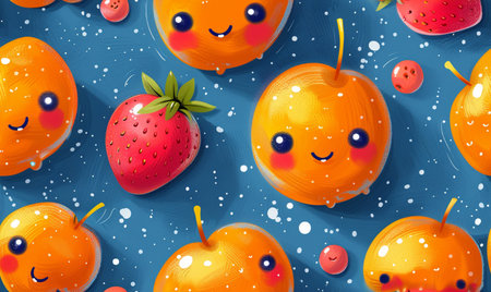 Seamless pattern with cute kawaii fruits on blue backgroundの素材