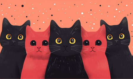 Funny black and red cats with big eyes, vector illustration.の素材