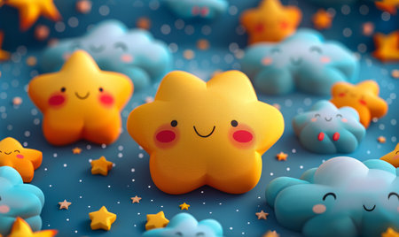 3d illustration of cute yellow star with blue clouds and stars backgroundの素材