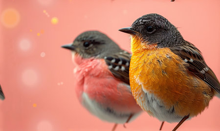 Redstart and Black-headed Flycatcher on a red backgroundの素材