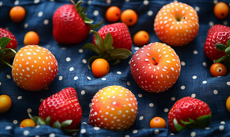 Ripe strawberries and sea buckthorn on a blue tableclothの素材