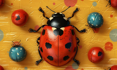 Red ladybug on a yellow background with colorful eggs. 3d illustrationの素材