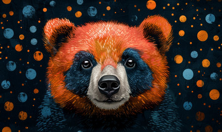 Red panda bear portrait on dark background with dots and circles.の素材