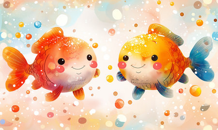 Cute goldfish watercolor background. Cute cartoon fish.の素材