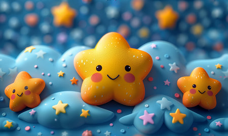 Cute yellow starfish on blue background. 3d rendering.の素材