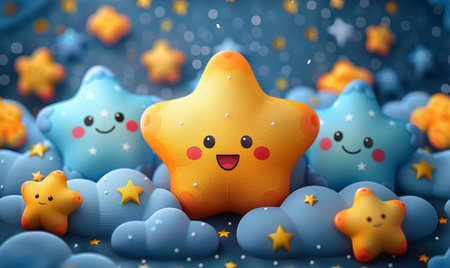 3d rendering of cute cartoon star in the blue sky with cloudsの素材
