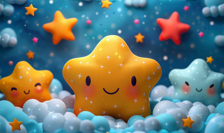 Illustration of a cute yellow star in a blue background with starsの素材