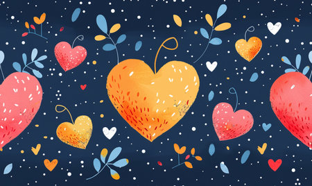Seamless pattern with hearts and flowers on a dark blue background.の素材
