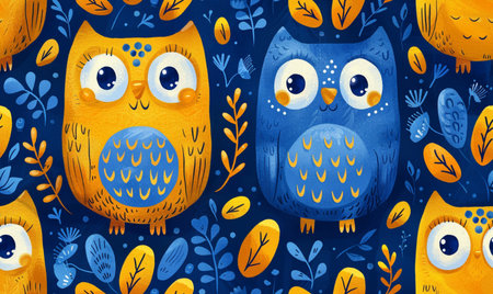Seamless pattern with cute cartoon owls. Vector illustration.の素材