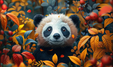 Cute panda in the autumn forest. 3D illustration.の素材