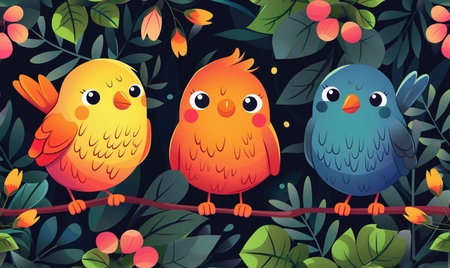 Cute cartoon birds sitting on a branch with flowers. Vector illustration.の素材
