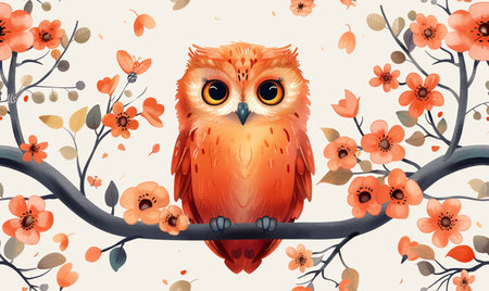 Watercolor illustration of a cute owl on a branch with flowers.の素材