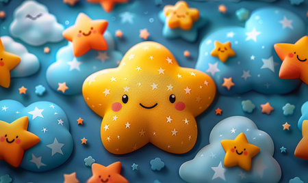 3d rendering of cute yellow star in blue sky with clouds backgroundの素材