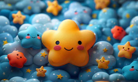 Cute yellow star in blue background. 3d render illustration.の素材