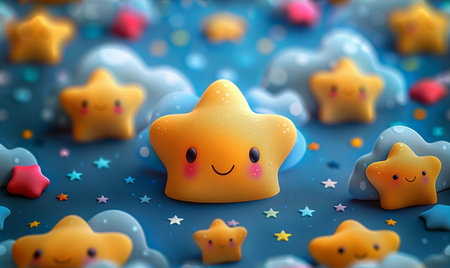3d illustration of cute cartoon star character over blue background with starsの素材
