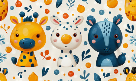 Seamless pattern with cute cartoon animals and plants. Vector illustration.の素材